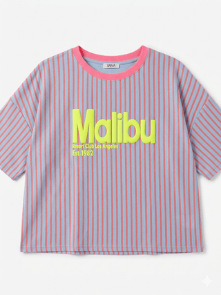 gestreifte T-Shirt in Blau-Pink vor mit Schaumprint in Neongelb