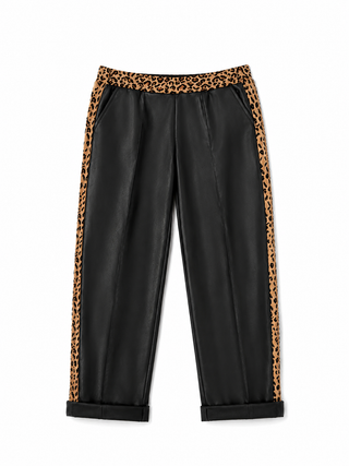 Lederhose (vegan) in Schwarz mit elastischer Taille und Leo-Strick-Akzenten, für Damen - Levelone GmbH & Co. KG