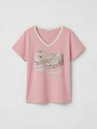 T-Shirt in Rosa mit Print und glänzenden Strasssteinen