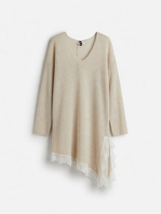 Feinstrickpullover in Beige mit Spitzen-Saum