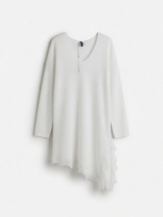 Feinstrickpullover in Weiss mit Spitzen-Saum