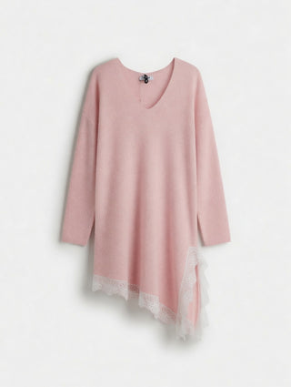 Feinstrickpullover in Rosa mit Spitzen-Saum