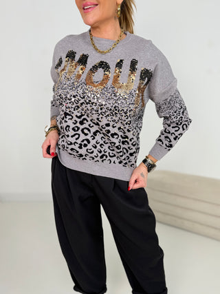 LEVELONE Strickpullover Grau mit Pailletten