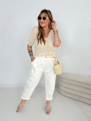 Häkel Pullover in Beige/Gold-Damen OS-Levelone