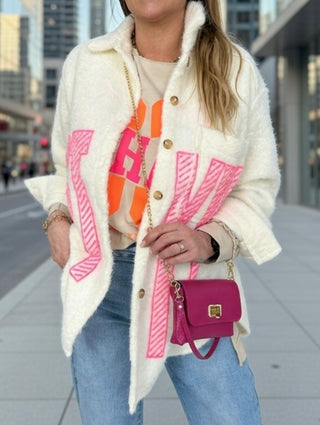 Fleecejacke in Wollweiss mit Print